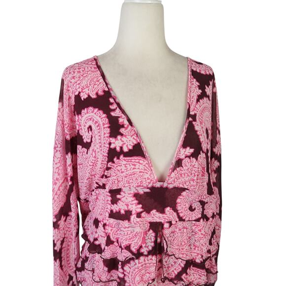 Vintage 90s/Y2K New York & Company Pink and Burgundy Paisley Mesh Top XL - Picture 2 of 6